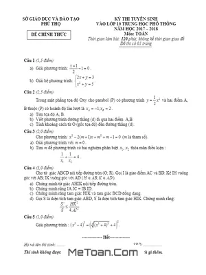 Đề thi tuyển sinh lớp 10 môn Toán Phú Thọ năm 2017 - 2018 có lời giải