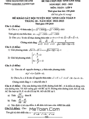 Đề khảo sát HSG Toán 9 tháng 10 năm 2022 phòng GD&ĐT Chí Linh - Hải Dương