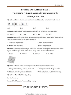 Đề Thi Tuyển Sinh Vào Lớp 6 Chuyên Trần Đại Nghĩa Năm 2018