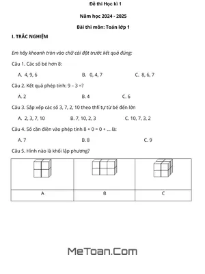Đề Thi Học Kì 1 Toán Lớp 1 Năm 2024