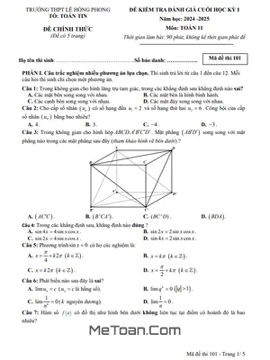 Đề thi học kỳ 1 Toán 11 năm 2024 - 2025 trường THPT Lê Hồng Phong - Đắk Lắk (có đáp án)