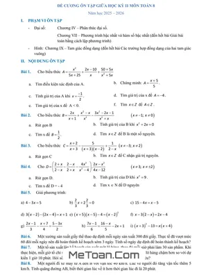 Đề cương giữa kỳ 2 Toán 8 năm 2025 – 2026 trường THCS Lê Ngọc Hân – Hà Nội