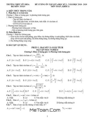 Đề Cương Ôn Tập Giữa Kỳ 1 Toán 11 Năm 2018 - 2019 Trường THPT Yên Hòa - Hà Nội