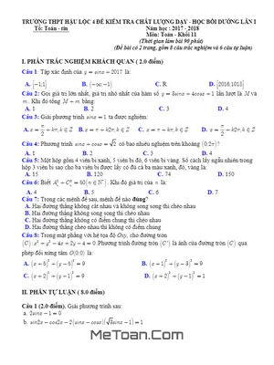 Đề Kiểm Tra Chất Lượng Dạy - Học Toán 11 Lần 1 Năm 2017 - 2018 Trường THPT Hậu Lộc 4 - Thanh Hóa