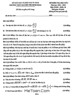 Đề thi học kỳ 1 Toán 10 năm 2022 - 2023 trường THPT Nguyễn Thị Minh Khai - TP HCM