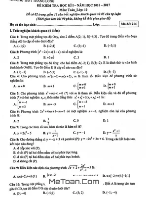 Đề thi học kì 1 môn Toán lớp 10 năm 2016 - 2017 trường THPT Thăng Long - Hà Nội
