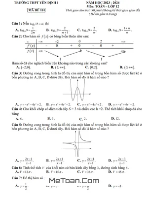 Đề thi học kì 1 Toán 12 năm 2023 - 2024 trường THPT Yên Định 1 - Thanh Hóa