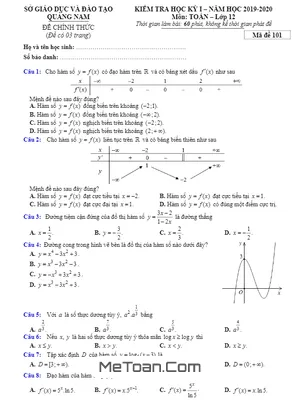 Đề thi HK1 Toán 12 năm học 2019 - 2020 sở GD&ĐT Quảng Nam