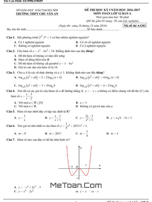 Đề thi HK1 Toán 12 ban A năm học 2016 - 2017 trường THPT Chu Văn An - Hà Nội