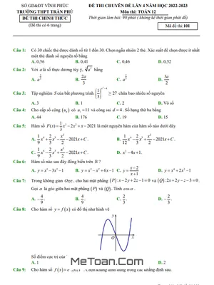 Đề Thi Chuyên Đề Toán 12 Lần 4 Năm 2022 - 2023 Trường THPT Trần Phú - Vĩnh Phúc