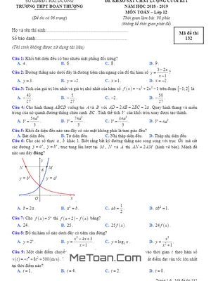 Đề KSCL Cuối Kỳ 1 Toán 12 Năm Học 2018 - 2019 Trường THPT Đoàn Thượng - Hải Dương