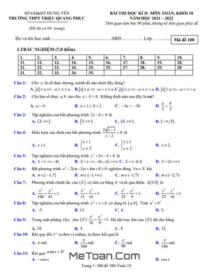 Đề thi HK2 Toán 10 năm 2021 – 2022 trường THPT Triệu Quang Phục – Hưng Yên