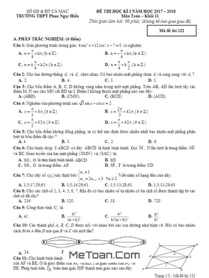Đề thi HK1 Toán 11 năm học 2017 - 2018 trường THPT Phan Ngọc Hiển - Cà Mau (Có đáp án)