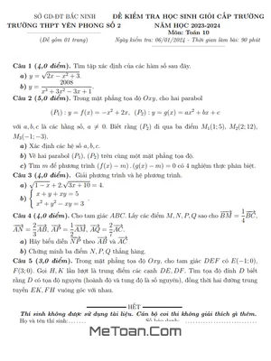Đề thi học sinh giỏi Toán 10 năm 2023 - 2024 trường THPT Yên Phong 2 - Bắc Ninh