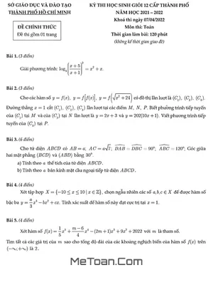 Đề thi HSG Toán 12 năm 2021 - 2022 Sở GD&ĐT TP. Hồ Chí Minh
