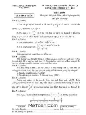 Đề thi chọn HSG cấp huyện lớp 12 THPT năm học 2017 - 2018 môn Toán sở GD&ĐT Cao Bằng