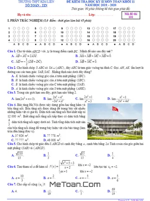 Đề thi học kỳ 2 Toán 11 năm học 2019 - 2020 trường THPT Kim Liên - Hà Nội