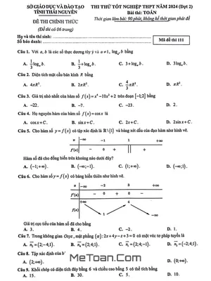 Đề thi thử tốt nghiệp THPT 2024 môn Toán đợt 2 sở GD&ĐT Thái Nguyên