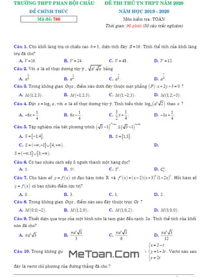 Đề thi thử THPT Quốc gia 2020 môn Toán trường Phan Bội Châu – Khánh Hòa
