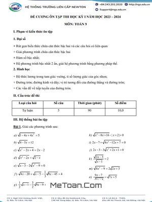 Đề Cương Ôn Tập HK1 Toán 9 Năm 2023 - 2024 Trường Liên Cấp Newton - Hà Nội
