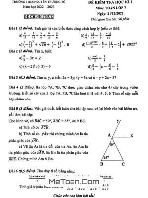 Đề thi học kì 1 Toán 7 năm 2022 - 2023 trường THCS Nguyễn Trường Tộ - Hà Nội