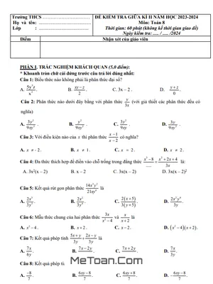 Đề tham khảo giữa kỳ 2 Toán 8 năm 2023 – 2024 trường Phan Bội Châu – Quảng Nam