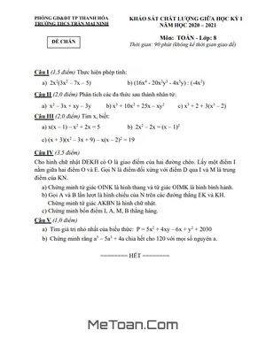 Đề KSCL Giữa Kỳ 1 Toán 8 Năm 2020-2021 Trường THCS Trần Mai Ninh - Thanh Hóa