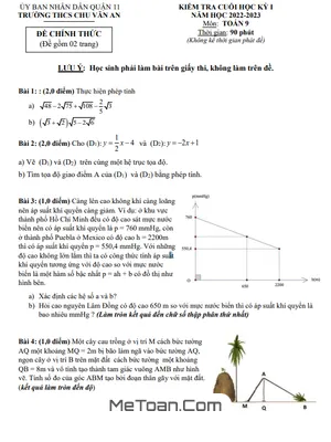 Đề thi học kì 1 Toán 9 năm 2022 - 2023 trường THCS Chu Văn An - TP HCM