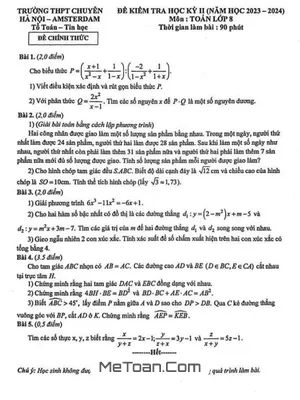 Đề thi học kỳ 2 môn Toán lớp 8 năm 2023 - 2024 trường THPT chuyên Hà Nội - Amsterdam