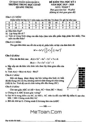 Đề thi HK2 Toán 7 năm học 2019 - 2020 trường THCS Quang Trung - TP HCM