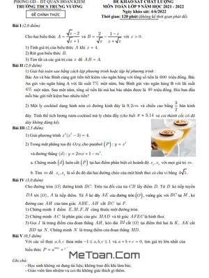 Đề khảo sát chất lượng Toán 9 năm 2021 - 2022 trường THCS Trưng Vương - Hà Nội