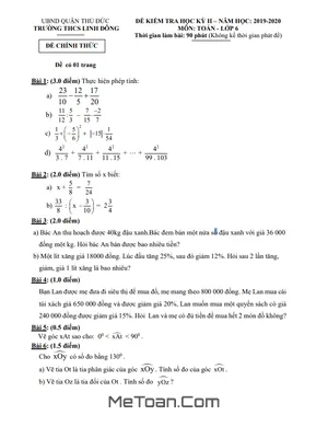 Đề Thi Học Kì 2 Toán 6 Năm 2019 - 2020 Trường THCS Linh Đông - TP.HCM