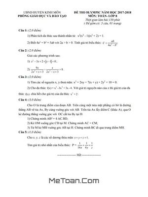 Đề Olympic Toán 8 Năm 2017 - 2018 Phòng GD&ĐT Kinh Môn - Hải Dương