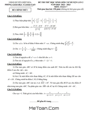 Đề thi thử HSG Toán 7 lần 2 năm 2022 - 2023 phòng GD&ĐT Hiệp Hòa - Bắc Giang