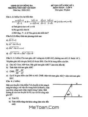 Đề thi giữa học kỳ 1 Toán 9 năm 2020 – 2021 trường THCS Bế Văn Đàn – Hà Nội