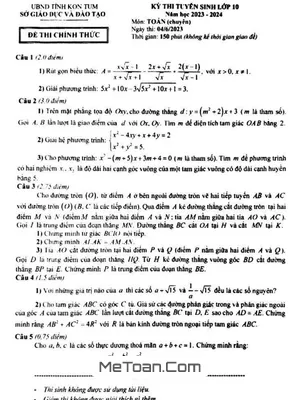 Đề thi Tuyển sinh Lớp 10 Môn Toán (Chuyên) Năm 2023 - 2024 Sở GD&ĐT Kon Tum