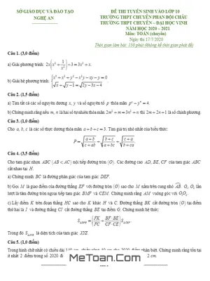 Đề thi vào lớp 10 chuyên Toán Nghệ An năm 2020 - 2021 (có lời giải)