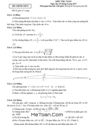 Đề thi tuyển sinh lớp 10 môn Toán TP. HCM năm 2017 - 2018 có lời giải