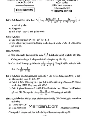 Đề khảo sát CLB Toán 9 năm 2022 - 2023 trường THCS Cầu Giấy - Hà Nội