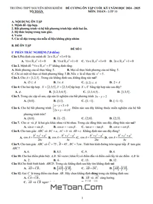 Đề Cương Ôn Tập Cuối Kỳ 1 Toán 10 Năm 2024 - 2025 Trường THPT Nguyễn Bỉnh Khiêm - Gia Lai
