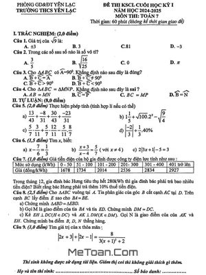 Đề thi học kì 1 môn Toán lớp 7 năm 2024 - 2025 trường THCS Yên Lạc - Vĩnh Phúc