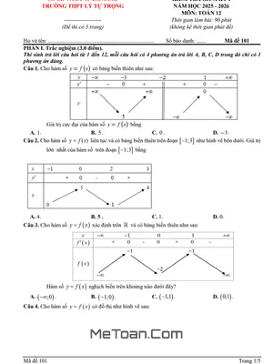 Đề thi Giữa Kỳ 1 Toán 12 năm 2025-2026 THPT Lý Tự Trọng, Đà Nẵng (Có Đáp Án Chi Tiết)