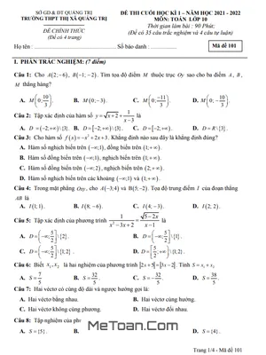 Đề thi học kì 1 Toán 10 năm 2021 - 2022 trường THPT Thị xã Quảng Trị (có đáp án)