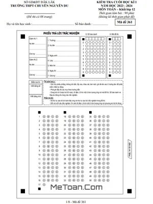 Đề thi học kì 1 Toán 12 năm 2023 - 2024 trường chuyên Nguyễn Du - Đắk Lắk
