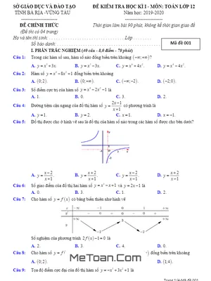 Đề thi HK1 Toán 12 năm học 2019 - 2020 sở GD&ĐT Bà Rịa – Vũng Tàu