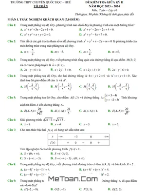 Đề Thi Giữa Kỳ 2 Môn Toán 10 Năm 2023-2024 Trường THPT Chuyên Quốc Học Huế