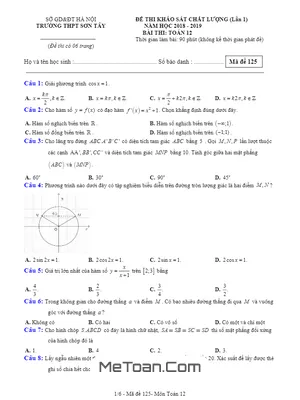 Đề thi KSCL Toán 12 lần 1 năm 2018 – 2019 trường THPT Sơn Tây – Hà Nội (có đáp án)