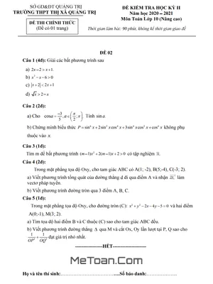 Đề thi học kỳ 2 Toán 10 năm 2020 - 2021 trường THPT Thị xã Quảng Trị [Có đáp án]