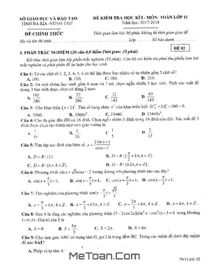 Đề thi HK1 Toán 11 năm 2017 - 2018 Sở GD&ĐT Bà Rịa - Vũng Tàu