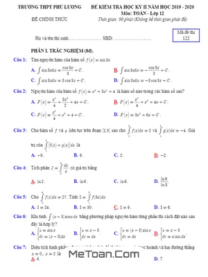 Đề thi học kì 2 môn Toán lớp 12 năm 2019 - 2020 trường THPT Phú Lương - Thái Nguyên